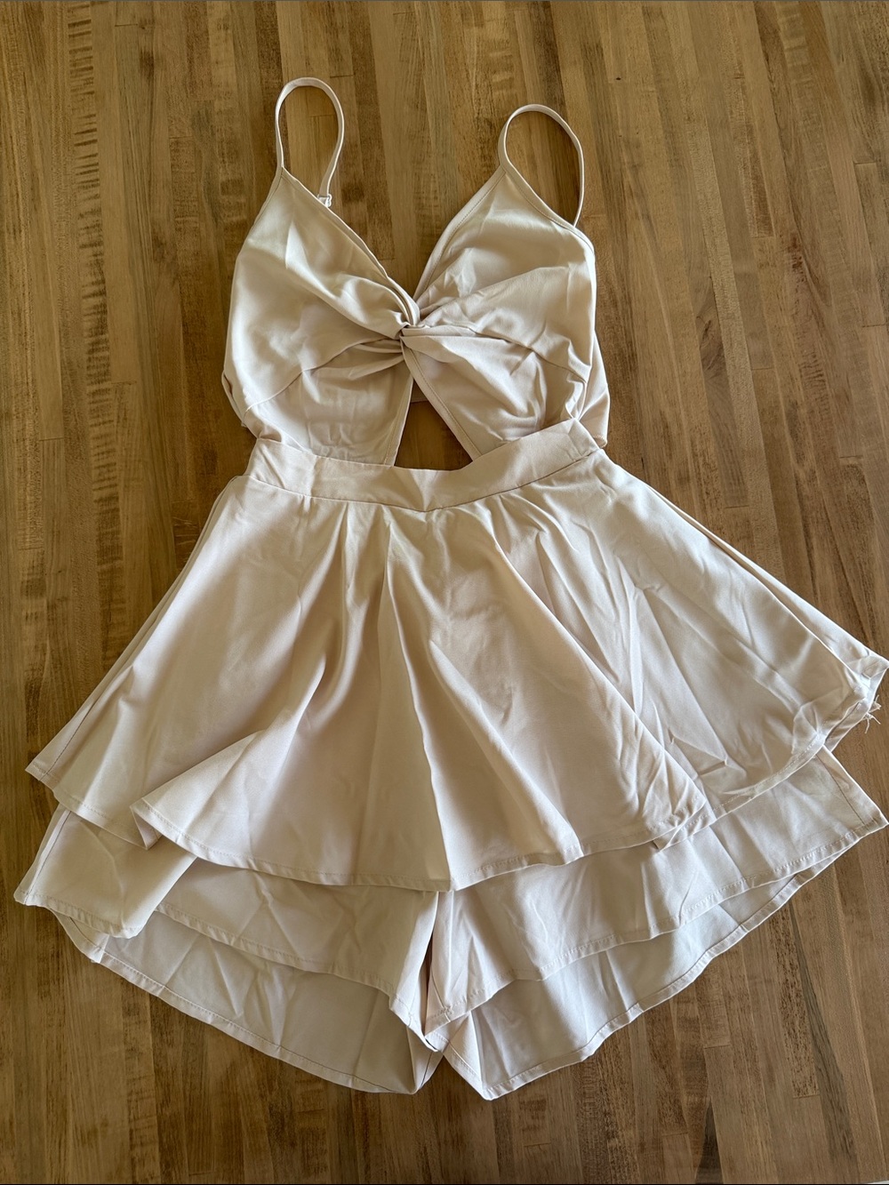 Ivory Knot-Front Mini Dress with Layered Skirt